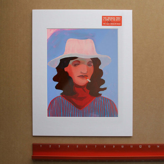 Smoking Cowgirl Mildred Willie portrait print by Caya Crum featuring a woman in a white hat smoking a cigarette on acid-free cotton paper
