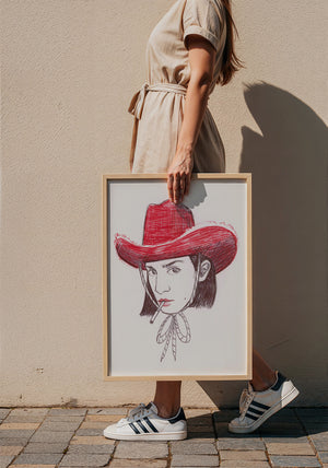 Pen & Ink Self Portrait cowgirl art print by Caya Crum — framed with velvet mat