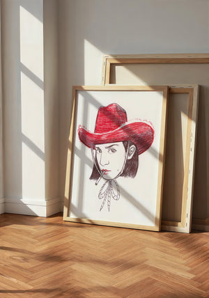 Pen & Ink Self Portrait cowgirl art print by Caya Crum — neutral frame room mockup