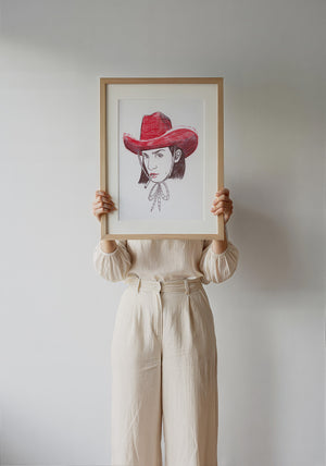 Pen & Ink Self Portrait cowgirl art print by Caya Crum — framed with velvet mat