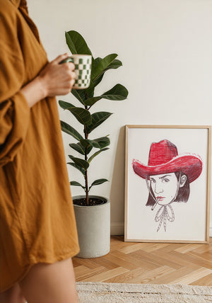 Pen & Ink Self Portrait cowgirl art print by Caya Crum — framed with velvet mat