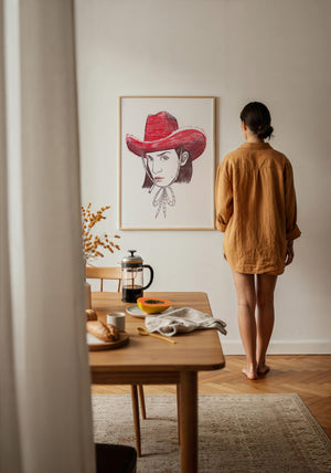 Pen & Ink Self Portrait cowgirl art print by Caya Crum — framed with velvet mat