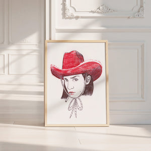 Pen & Ink Self Portrait cowgirl art print by Caya Crum — neutral frame room mockup