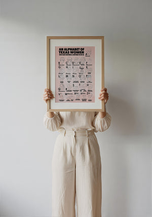 Alphabet of Texas Women Texas Art print by Caya Crum — framed with velvet mat