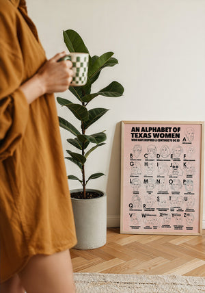 Alphabet of Texas Women Texas Art print by Caya Crum — framed with velvet mat