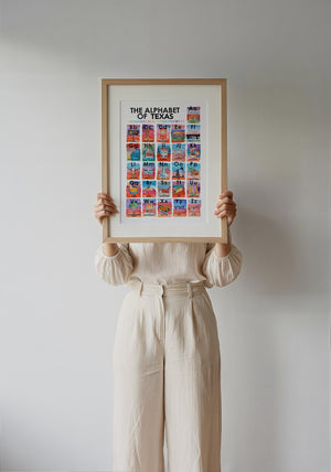 Alphabet of Texas Icons Texas Art print by Caya Crum — framed with velvet mat