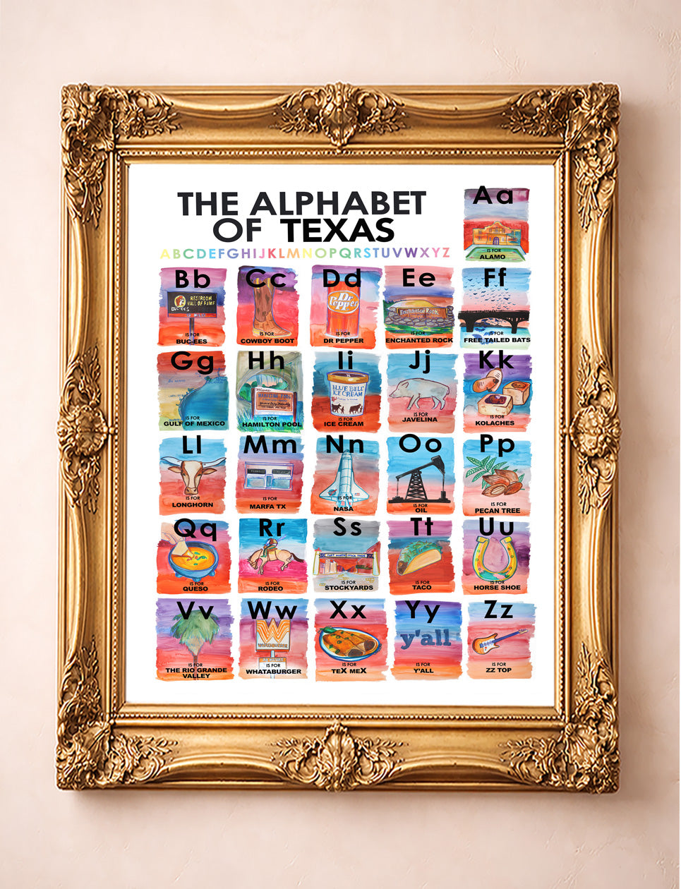 Texas Baby Gift and nursery decor 'The Alphabet of Texas' with colorful letters and Texas-themed illustrations.