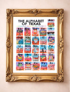 Texas Baby Gift and nursery decor 'The Alphabet of Texas' with colorful letters and Texas-themed illustrations.