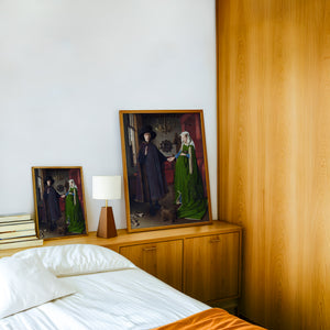 Taco Bell Arnolfini Wedding Weirdcore Art print by Caya Crum — framed in a wood-accent room