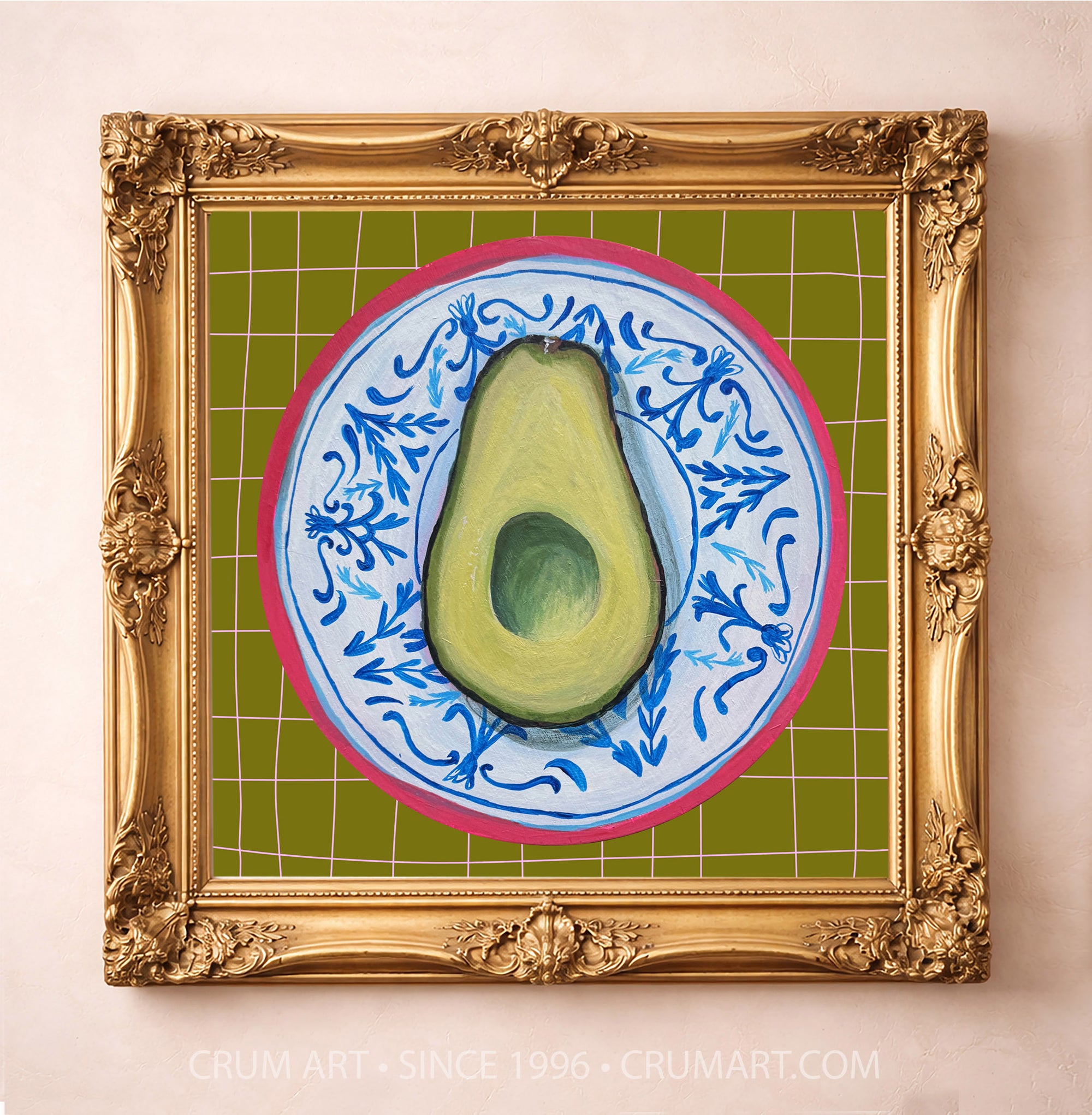 Avocado on a chinoiserie plate art print by Caya Crum in a gold frame — kitchen wall art
