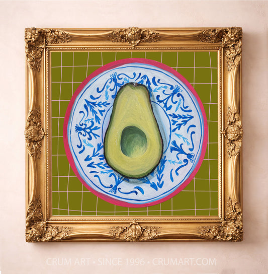 Avocado on a chinoiserie plate art print by Caya Crum in a gold frame — kitchen wall art