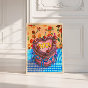 Bitch Cake pink wall art print by Caya Crum — neutral frame room mockup
