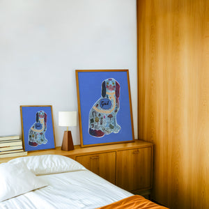 Blue Staffordshire Good Dog art print by Caya Crum — framed in a wood-accent room