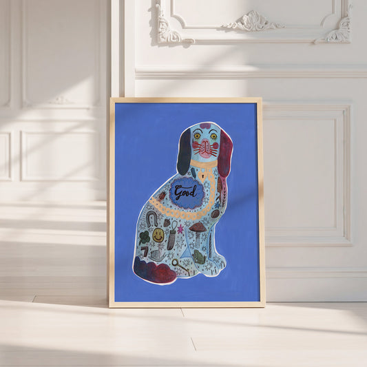 Blue Staffordshire Good Dog art print by Caya Crum — neutral frame room mockup