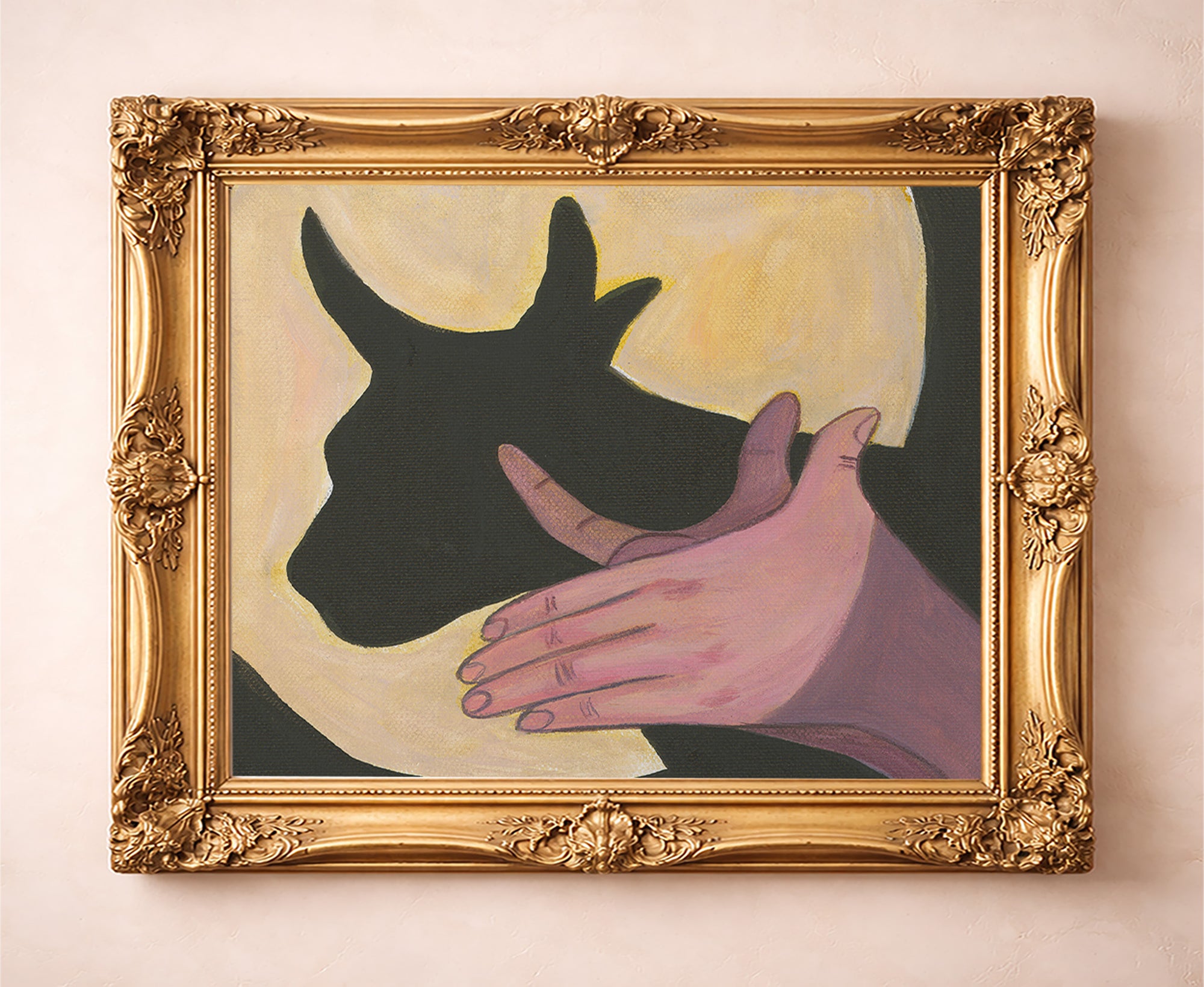 Bull Shadow Puppet cow art print by Caya Crum — in a gold frame