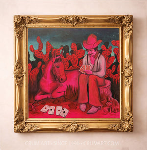 Card Player With Horse Hot Pink art print in a gold frame by Caya Crum — square cowboy art from Crum Art, available at crumart.com. This museum quality print is made right here in Texas.