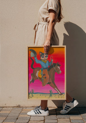 Cat Cowboy Bronco cat art print by Caya Crum — framed with velvet mat