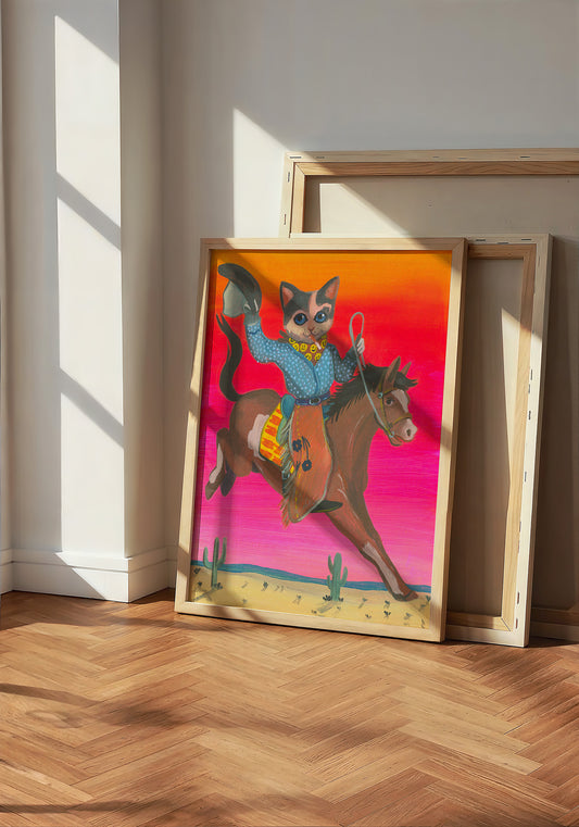 Cat Cowboy Bronco cat art print by Caya Crum — neutral frame room mockup