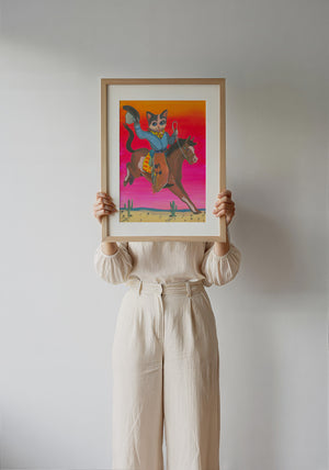 Cat Cowboy Bronco cat art print by Caya Crum — framed with velvet mat