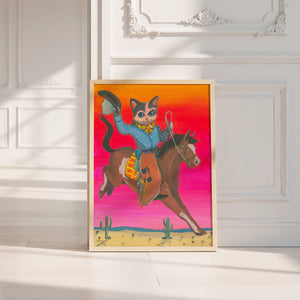 Cat Cowboy Bronco cat art print by Caya Crum — neutral frame room mockup