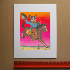 Cat Art Print signed, matted and a lot of pink.  This Cat art print is ready to be framed in an 11x14" frame.  Caya Crum is the artist.  It is western Maximalism wall decor at its finest.
