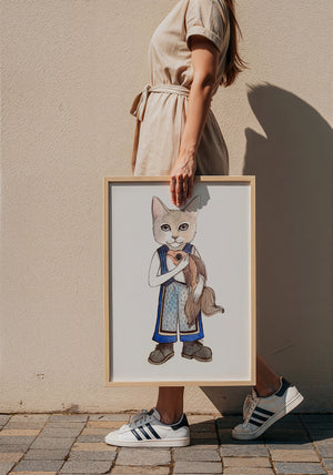 Frankie Fish Cat art print by Caya Crum — framed with velvet mat