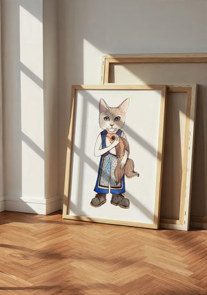 Frankie Fish Cat art print by Caya Crum — neutral frame room mockup