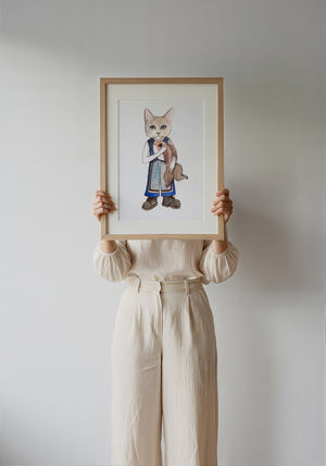 Frankie Fish Cat art print by Caya Crum — framed with velvet mat