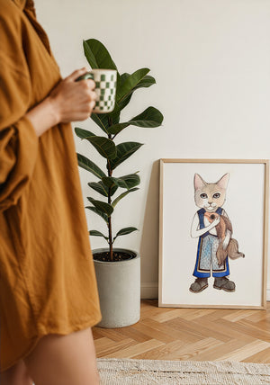 Frankie Fish Cat art print by Caya Crum — framed with velvet mat