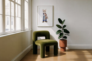 Frankie Fish Cat art print by Caya Crum — framed with velvet mat