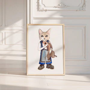 Frankie Fish Cat art print by Caya Crum — neutral frame room mockup
