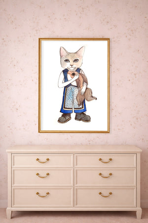 Frankie Fish Cat print framed on a dresser — whimsical cat wall art by Caya Crum