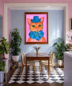 Abbie smoking cat art print by Caya Crum framed in a pink and blue room