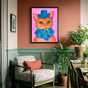 Abbie smoking hot kitty cat art print by Caya Crum framed in a soft neutral corner