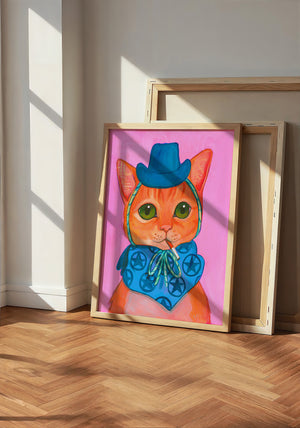 Fluffy Angel Cat art print by Caya Crum — neutral frame room mockup