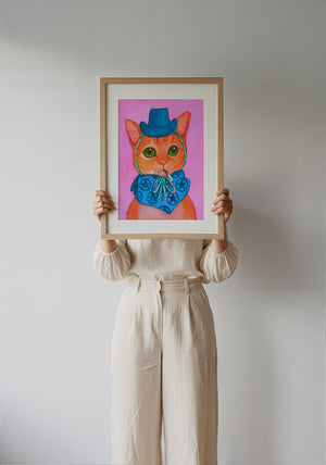 Fluffy Angel Cat art print by Caya Crum — framed with velvet mat