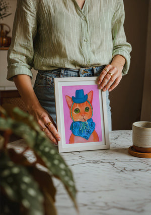 Fluffy Angel Cat art print by Caya Crum — neutral frame room mockup