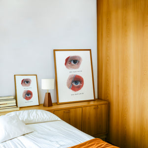 Bowie Eyes Study music wall art print by Caya Crum — framed in a wood-accent room