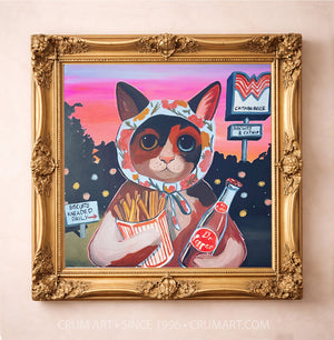 Cataburger art print in a gold frame by Caya Crum — square cat art from Crum Art, available at crumart.com. This museum quality print is made right here in Texas.