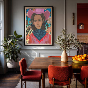 Cowboy With Flowers shown framed by Crum Art