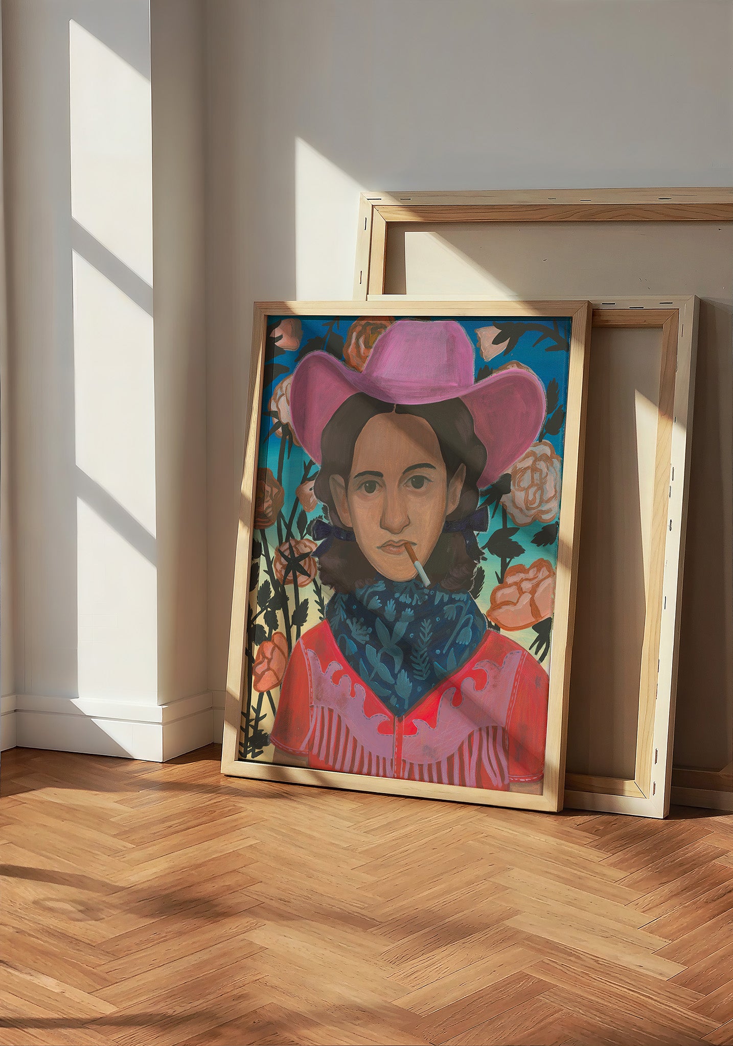 Cowgirls & Flowers cowgirl art print by Caya Crum — neutral frame room mockup