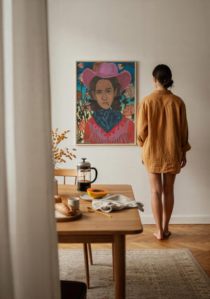 Cowgirls & Flowers cowgirl art print by Caya Crum — framed with velvet mat