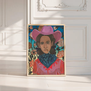 Cowgirls & Flowers cowgirl art print by Caya Crum — neutral frame room mockup