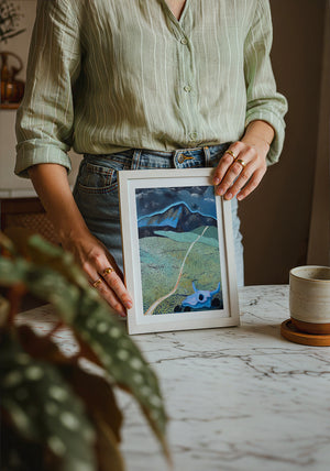 New Mexico Mountain and Field landscape print by Caya Crum — neutral frame room mockup