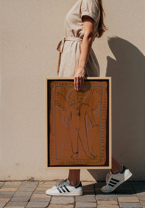 Greco Roman Cupid pink wall art print by Caya Crum — framed with velvet mat
