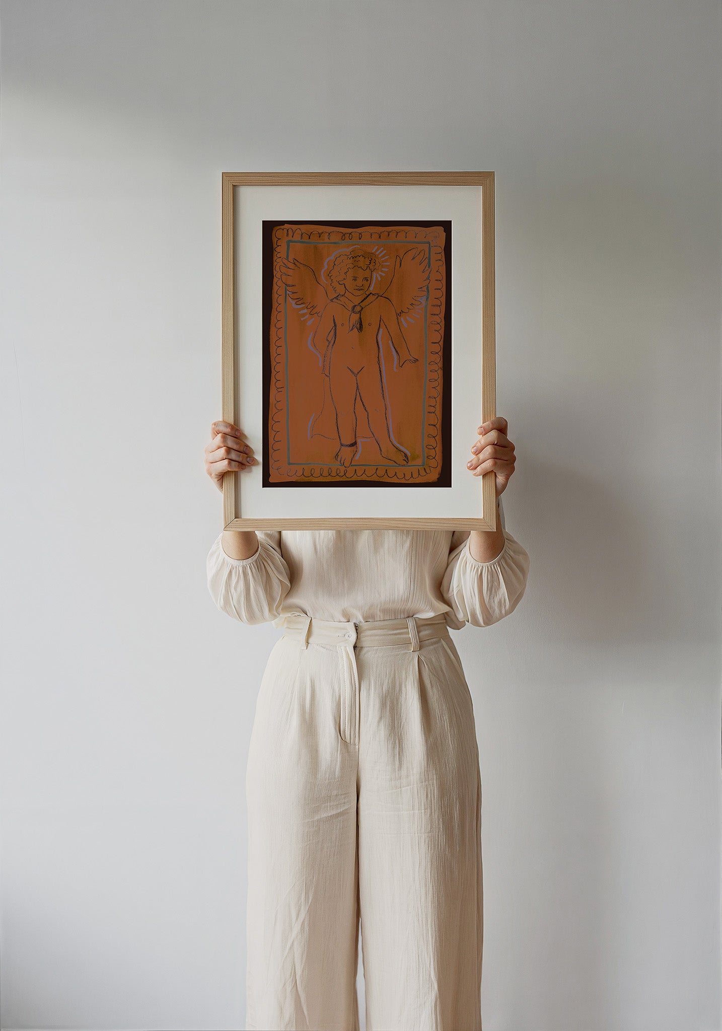 Greco Roman Cupid pink wall art print by Caya Crum — framed with velvet mat