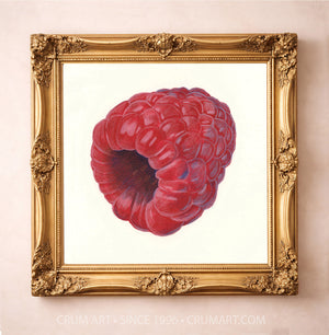 Raspberry Botanical in a gold frame by Caya Crum — square kitchen wall art available at crumart.com. This museum quality print is made right here in Texas.
