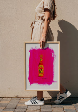 Cholula Hot Sauce kitchen art print by Caya Crum — framed with velvet mat