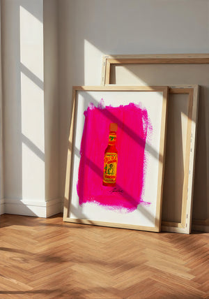Cholula Hot Sauce kitchen art print by Caya Crum — neutral frame room mockup