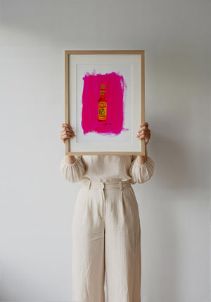 Cholula Hot Sauce kitchen art print by Caya Crum — framed with velvet mat
